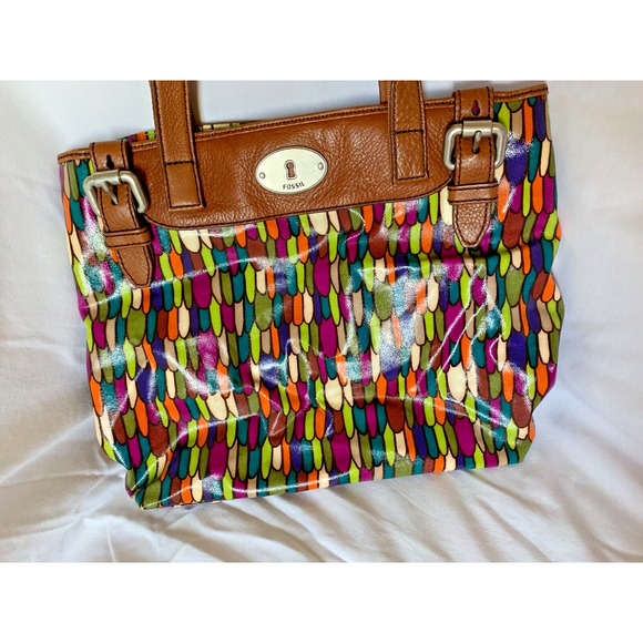 Fossil Genuine Leather Keyper Multi-Color FEATHER Tote Handbag Women's Purse - Picture 1 of 8